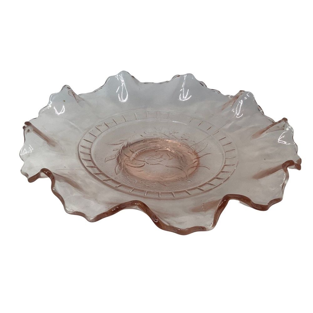 Vintage Ruffled Edge Pink Depression Glass Plate Floral‎ 8.5" Collectible
